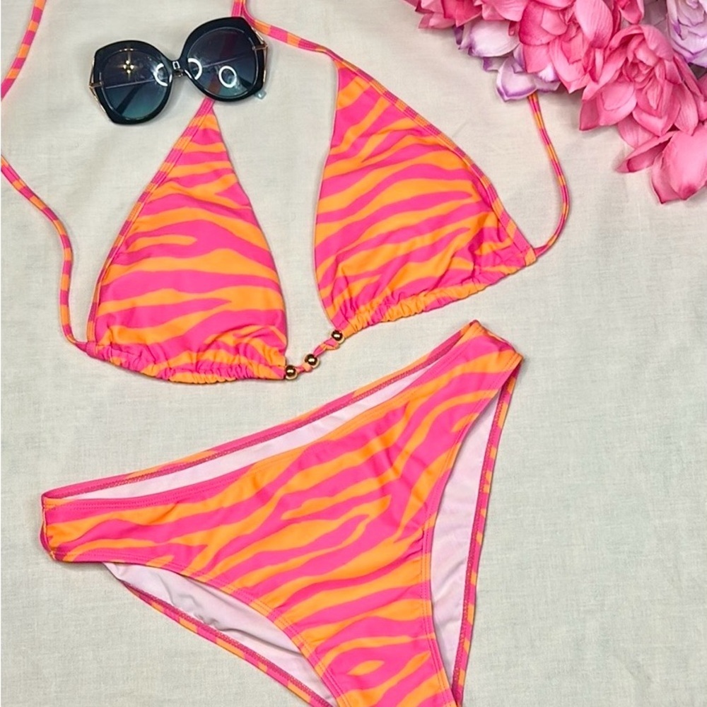 NWT Pink & Orange Zebra Print Bikini Set | Triangle Top & Hi-Rise Bottoms Size L